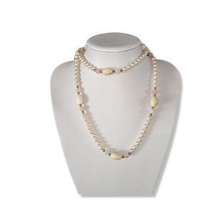 Vintage Stone, Rose Quartz, Faux Pearl, Gold Ball Continuous 36" Necklace